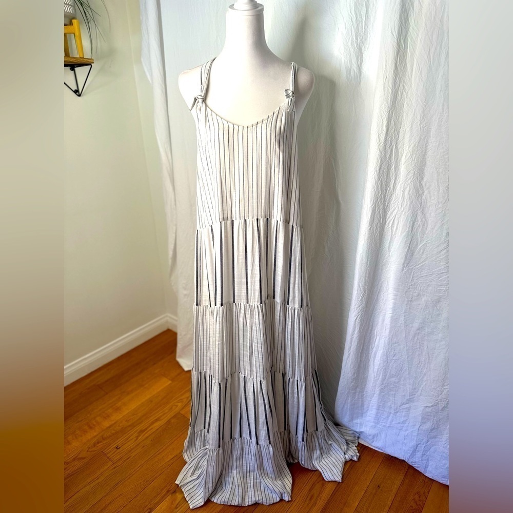 RILEY&RAE Womens White Tie Striped Sleeveless V Neck Maxi Shift Dress Size LG